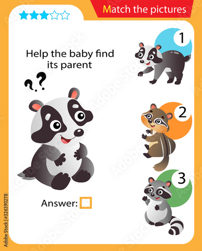 Matching game, education game for children. Puzzle for kids. Match the right object. Help the little badger find its parent.
