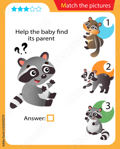 Matching game, education game for children. Puzzle for kids. Match the right object. Help the little raccoon find its parent.