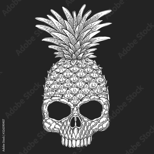 Vector illustration of pineapple skull. Halloween picture. Creative cool funny print for tee, pillow, banners, tattoo, posters.