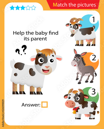 Matching game, education game for children. Puzzle for kids. Match the right object. Help the little goat find its parent.
