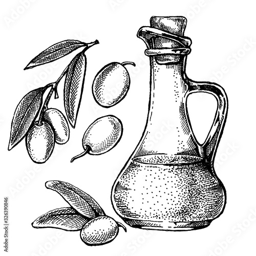 Bottle with olives and olive oil. Vintage retro style illustration for package. Cosmetic with olive oil and organic farm healthy food