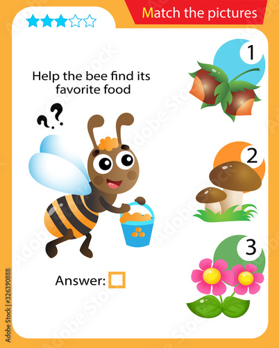 Matching game, education game for children. Puzzle for kids. Match the right object. Help the bee find its favorite food.