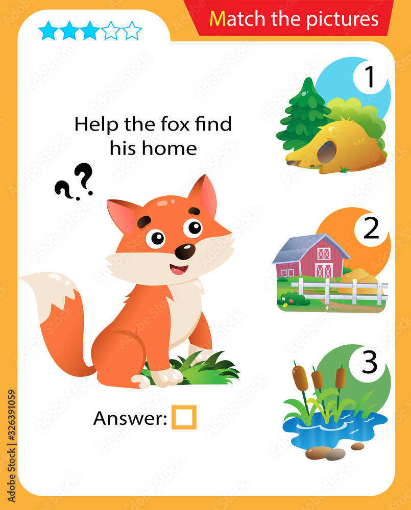 Matching game, education game for children. Puzzle for kids. Match the right object. Help the fox find his home. Matching game, education game for children. Puzzle for kids. Match the right object. Help the fox find his home.