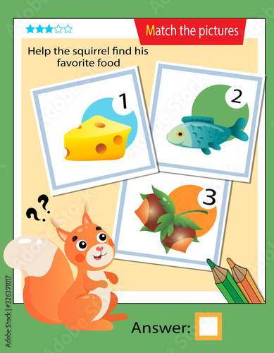 Matching game, education game for children. Puzzle for kids. Match the right object. Help the squirrel find his favorite food.