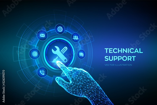 Technical support. Customer help. Tech support. Customer service, Business and technology concept. Robotic hand touching digital interface. Vector illustration.