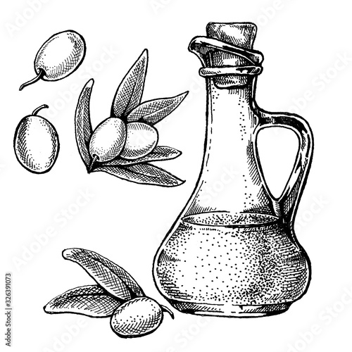 Bottle with olives and olive oil. Vintage retro style illustration for package. Cosmetic with olive oil and organic farm healthy food