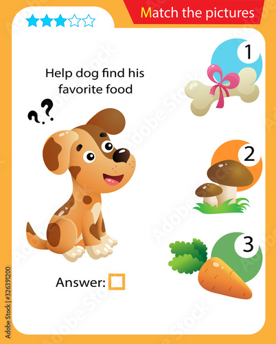 Matching game, education game for children. Puzzle for kids. Match the right object. Help the dog find his favorite food.