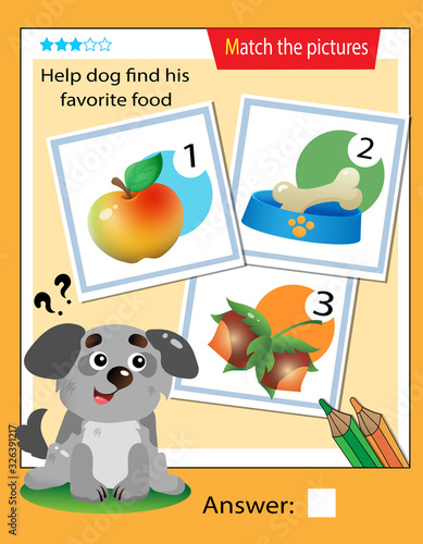 Matching game, education game for children. Puzzle for kids. Match the right object. Help the dog find his favorite food.