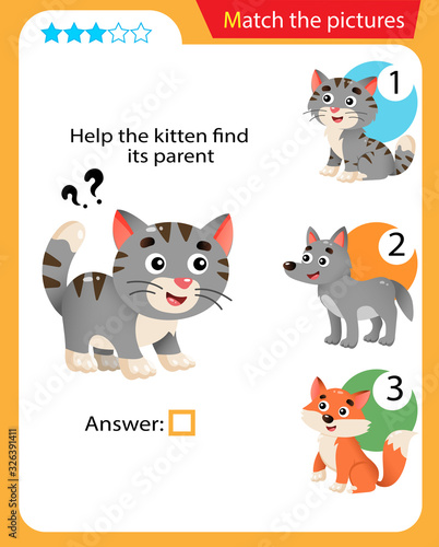 Matching game, education game for children. Puzzle for kids. Match the right object. Help the little kitten find its parent.