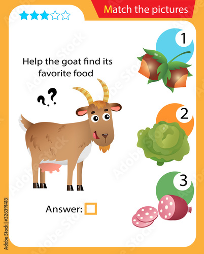Matching game, education game for children. Puzzle for kids. Match the right object. Help the goat find its favorite food.