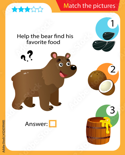 Matching game, education game for children. Puzzle for kids. Match the right object. Help the bear find his favorite food.