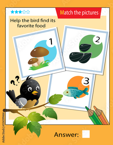 Matching game, education game for children. Puzzle for kids. Match the right object. Help the bird find its favorite food.