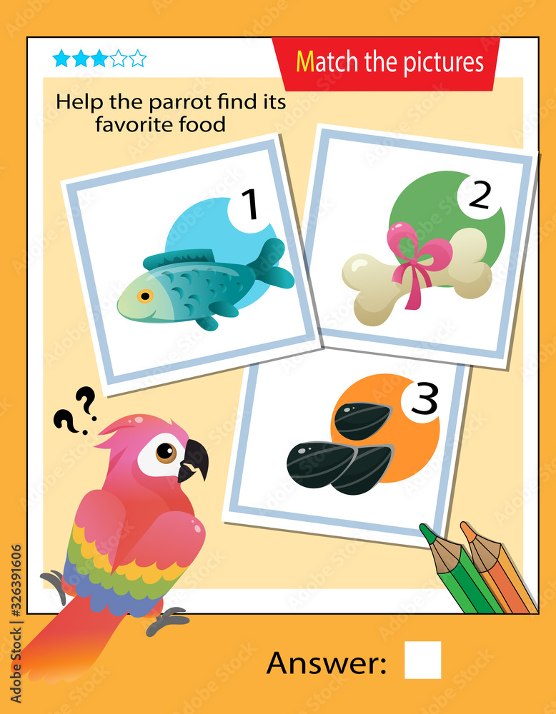 Matching game, education game for children. Puzzle for kids. Match the right object. Help the parrot find its favorite food.
