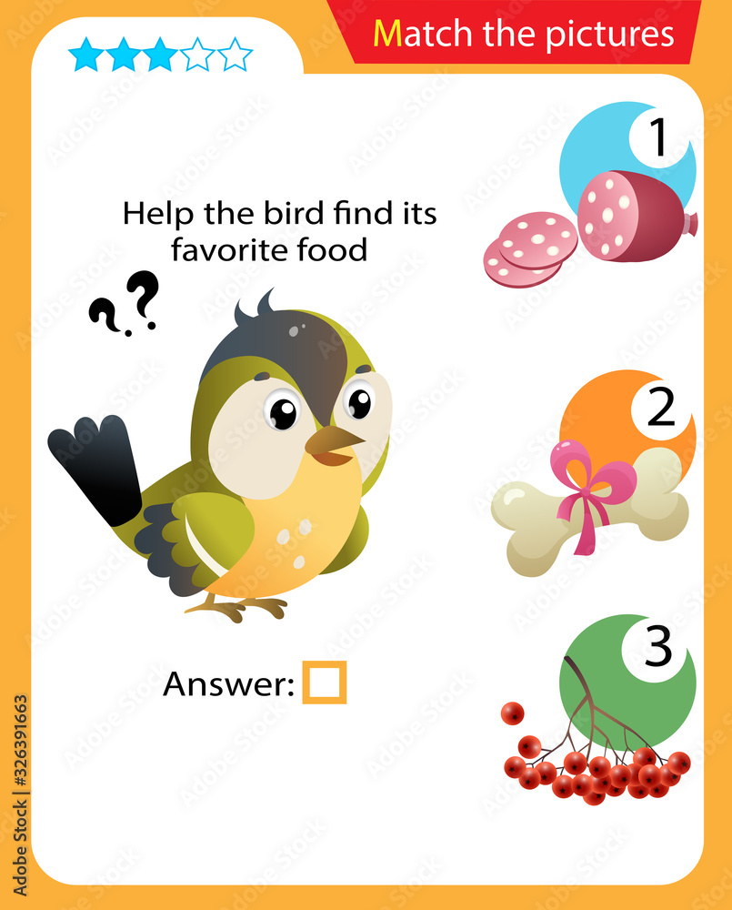 Matching game, education game for children. Puzzle for kids. Match the right object. Help the bird find its favorite food.