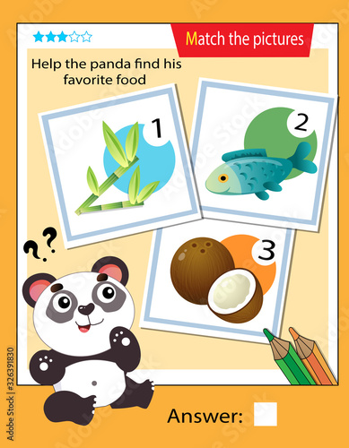 Matching game, education game for children. Puzzle for kids. Match the right object. Help the panda find his favorite food.