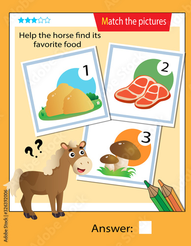 Matching game, education game for children. Puzzle for kids. Match the right object. Help the horse find its favorite food.