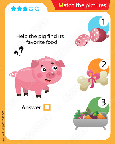 Matching game, education game for children. Puzzle for kids. Match the right object. Help the pig find its favorite food.