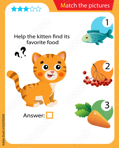 Matching game, education game for children. Puzzle for kids. Match the right object. Help the cat find his favorite food.