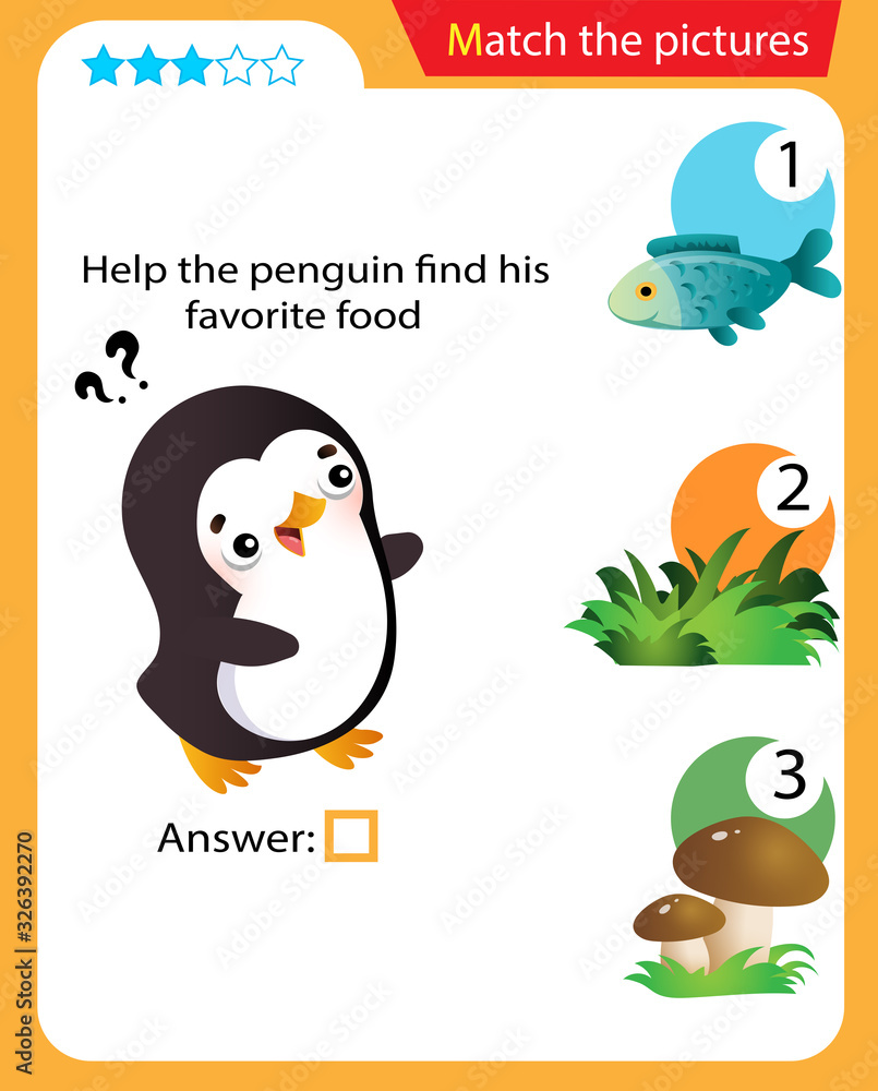Matching game, education game for children. Puzzle for kids. Match the right object. Help the penguin find his favorite food. Matching game, education game for children. Puzzle for kids. Match the right object. Help the penguin find his favorite food.