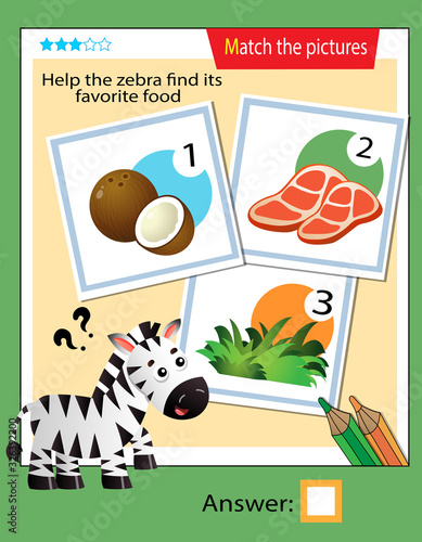 Matching game, education game for children. Puzzle for kids. Match the right object. Help the zebra find his favorite food.