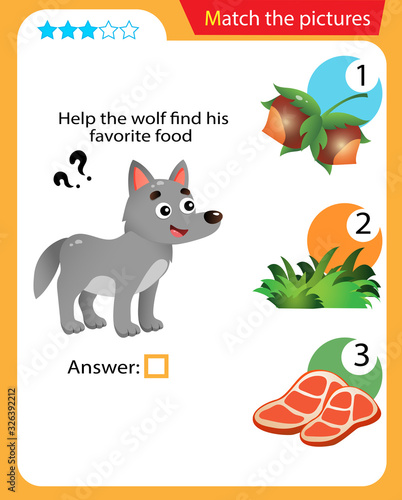 Matching game, education game for children. Puzzle for kids. Match the right object. Help the wolf find his favorite food.