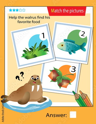 Matching game, education game for children. Puzzle for kids. Match the right object. Help the walrus or seal find his favorite food.