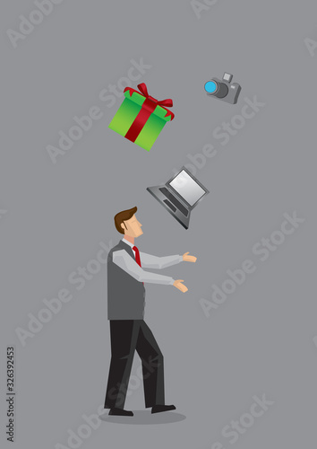 Modern Man Juggling Consumer Products Vector Illustration