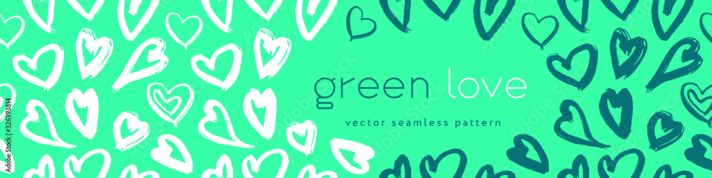 Fototapeta premium Green fashion pattern, eco fashion concept for green love banner template. Vector drawings of heart. Eco friendly seamless background. Aqua menthe colors. Crystal-clear waters. Love environment idea.