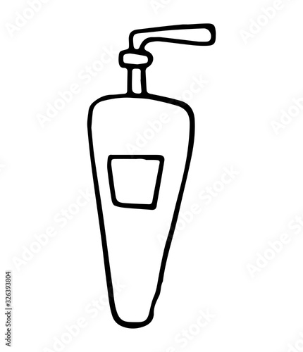 Hand drawn doodle White cosmetic bottle. Black stroke, simple line. Vector illustration isolated on white background.