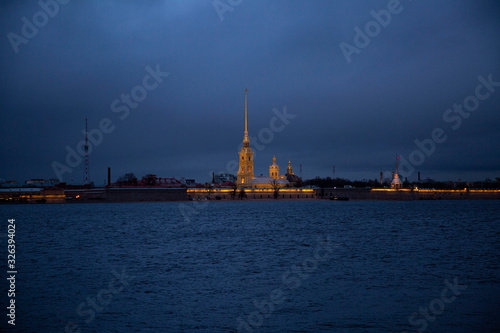 Night view of the Peter and Paul Fortress, St. Petersburg, Russia.