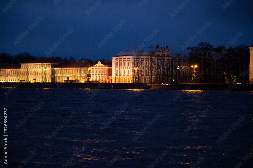 Night view of the University Embankment, St. Petersburg, Russia.