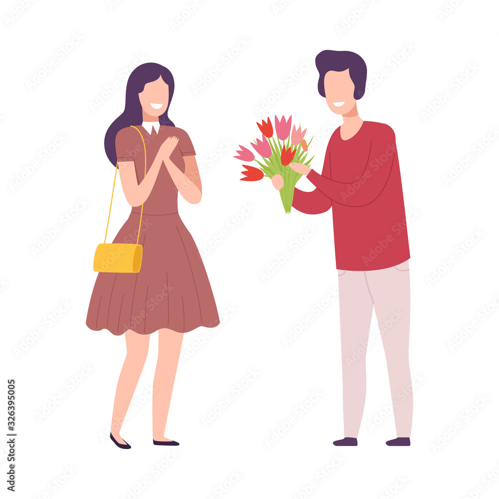 Romantic Couple in Love, Man Giving Bouquet of Flowers to Beautiful Smiling Woman Flat Vector Illustration Romantic Couple in Love, Man Giving Bouquet of Flowers to Beautiful Smiling Woman Flat Vector Illustration
