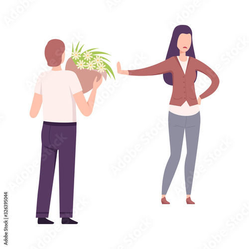 Woman Rejecting Feelings of Loving Man, Young Man Holding Bouquet of Flowers Flat Vector Illustration