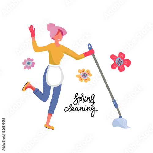 Happy young woman cleaning and dancing with mop. Spring cleaning concept with flowers on white background. Vector cartoon illustration