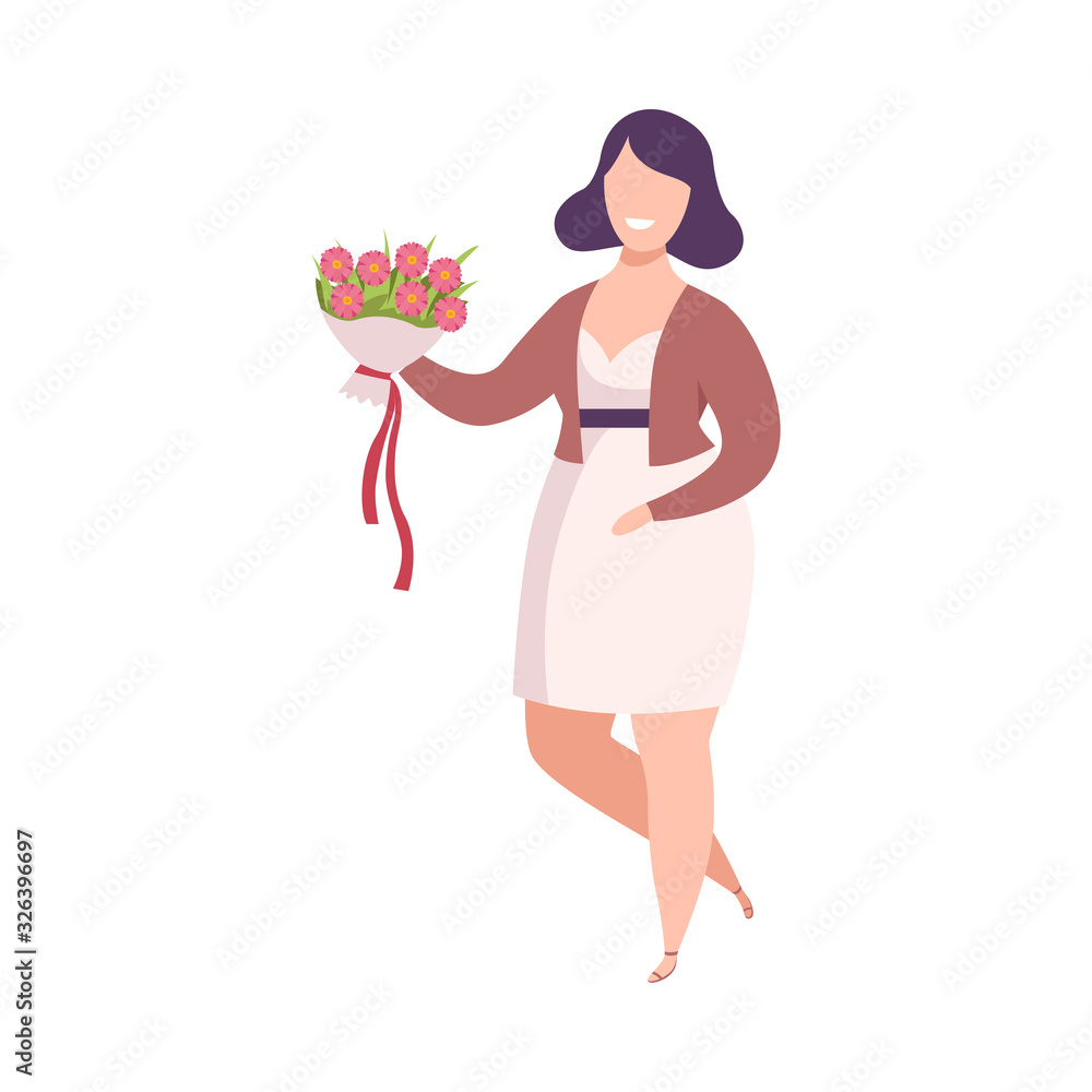Beautiful Smiling Woman Holding Bouquet of Flowers, Happy Attractive Girl Character Wearing Casual Stylish Clothes Flat Vector Illustration Beautiful Smiling Woman Holding Bouquet of Flowers, Happy Attractive Girl Character Wearing Casual Stylish Clothes Flat Vector Illustration