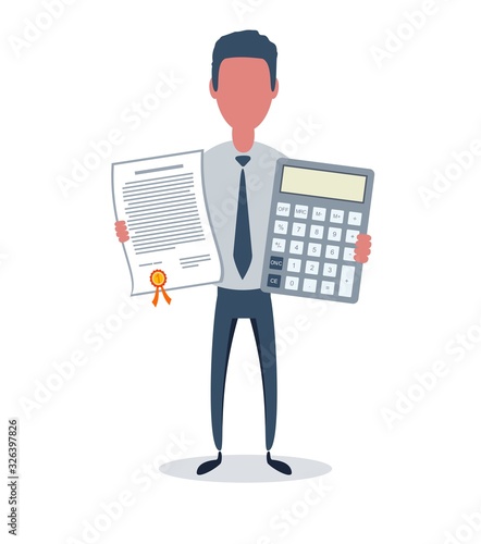 Businessman or clerk. Male character in trendy simple style with objects, flat vector illustration. Business concept. Isolated on white background.