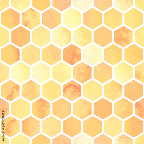 Seamless watercolor pattern with yellow honeycomb polygons. Hexagon abstract background