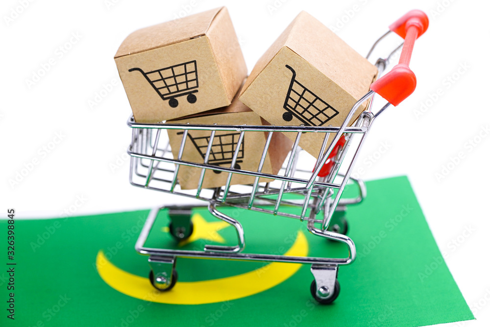 Box with shopping cart logo and Mauritania flag : Import Export Shopping online or eCommerce finance delivery service store product shipping, trade, supplier concept.
