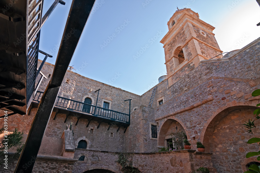 View of the inner courtyard of the monastery of Toplou in Crete in Gracia.