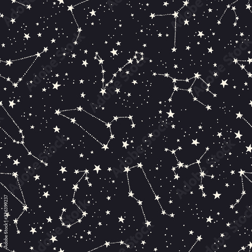 Astrology seamless pattern with zodiac sings and stars. Horoscope symbols space background