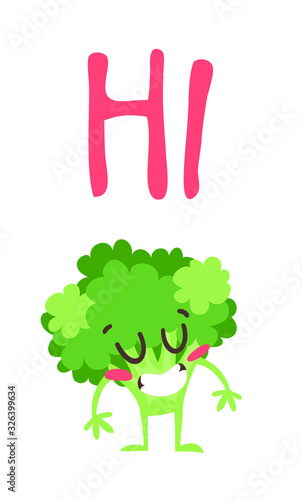 Cartoon drawing veggie emoji. Hand drawn emotional meal.Actual Vector illustration abroccoli. Creative ink art work food and word photo