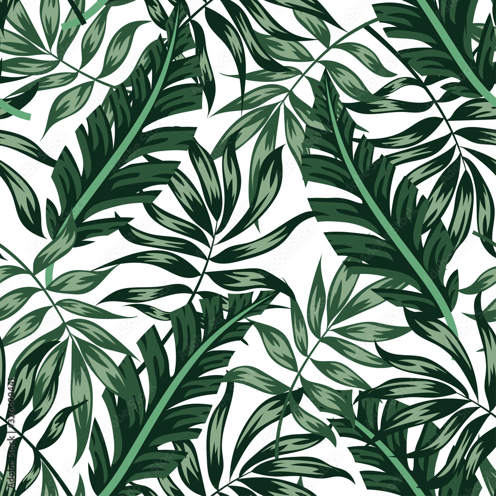 Seamless tropical pattern with green plants and leaves on a white background. Illustration in Hawaiian style. Summer background with exotic leaves. Creative abstract background.