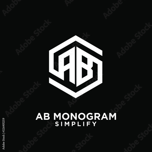 ab, ba, a b initial monogram hexagon letter white logo design with black background