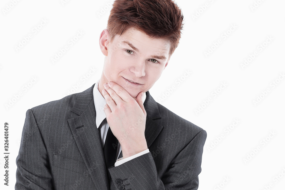 Pensive man props head with hand, isolated on white Pensive man props head with hand, isolated on white