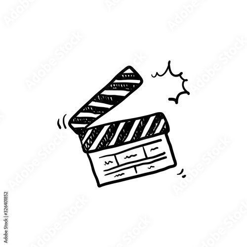 hand drawn Movie clapperboard icon. Film set clapper for cinema production. Board clap for video clip scene start. Lights, camera, action! Hand drawn sketch in vector doodle style