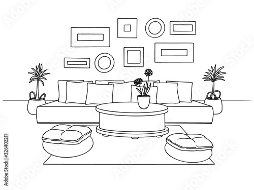 Sketch a cozy living room in boho style. Sofa, table and various decor elements. Vector illustration