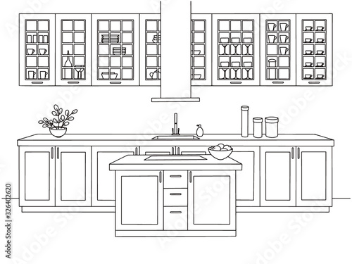 Hand drawn kitchen. Kitchen furniture. Vector illustration