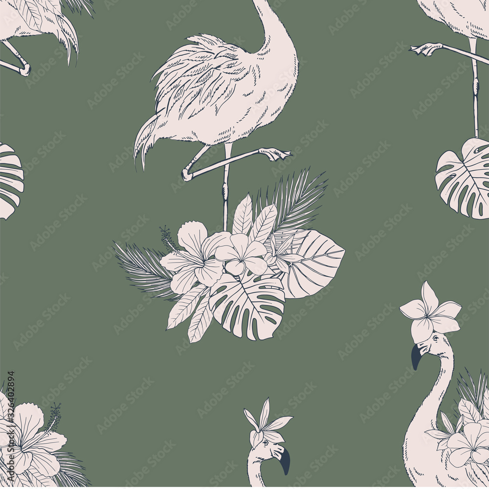 Flamingo with flowers hand drawn vector seamless pattern. Wild bird ...