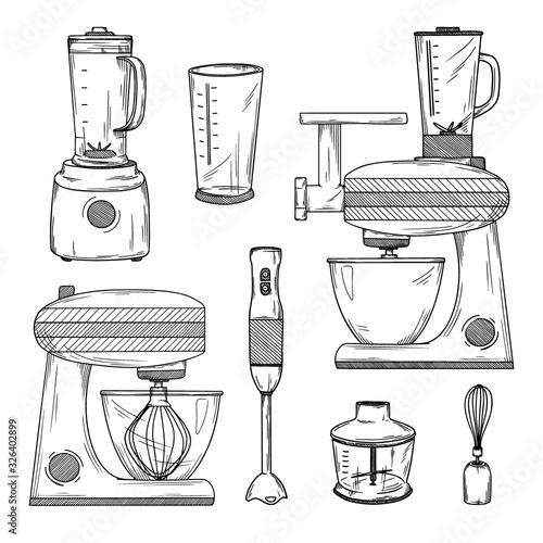 Large set of various blenders and kitchen robot. Vector