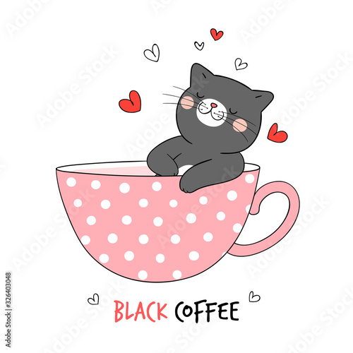 Draw black cat sleeping in cup of coffee.